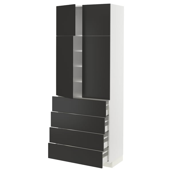 METOD / MAXIMERA Hi cab w shlvs/4 drawers/4 doors, white/Nickebo matt anthracite, 80x41x200 cm