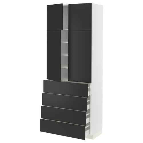 A black and white modern cabinet from the METOD series, featuring sleek black handles and multiple storage compartments.