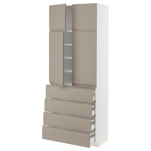 Modern beige-beige kitchen unit with four drawers and two cabinets, sleek handles, and adjustable shelves.