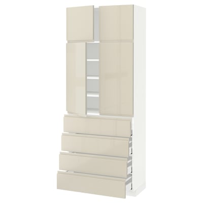 METOD / MAXIMERA Hi cab w shlvs/4 drawers/4 doors, white/Voxtorp high-gloss light beige, 80x41x200 cm