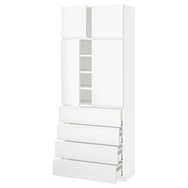 METOD / MAXIMERA Hi cab w shlvs/4 drawers/4 doors, white/Voxtorp matt white, 80x41x200 cm