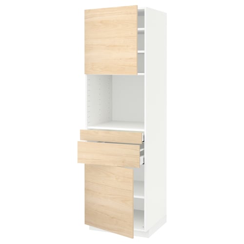 A white METOD kitchen cabinet with light ash wooden doors and drawers. It a tall frame with a shelf and adjustable compartments.