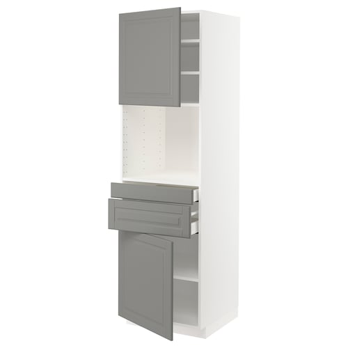 This image shows a METOD kitchen unit with grey bevelled doors and drawers, featuring an open cabinet and pull-out drawers.