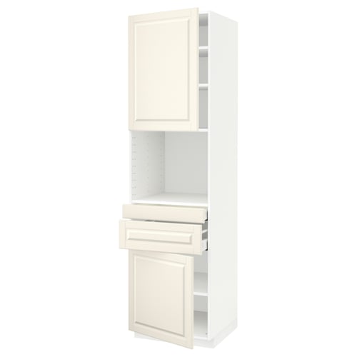 A white METOD kitchen cabinet with off-white bodbyn doors and adjustable shelves, designed for a traditional look.