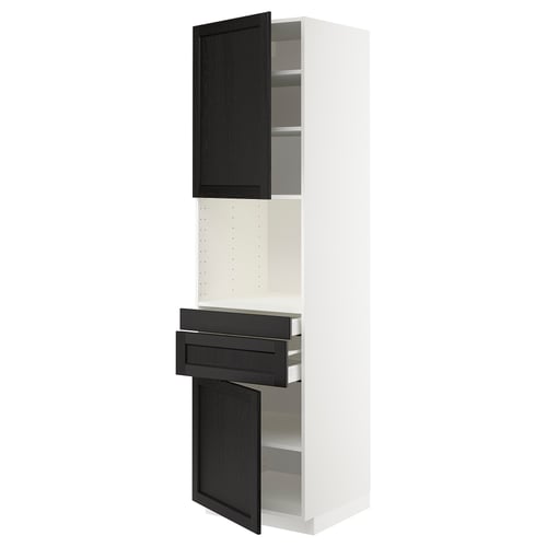 White METOD kitchen cabinet with black stained ash drawers and doors, modern design.