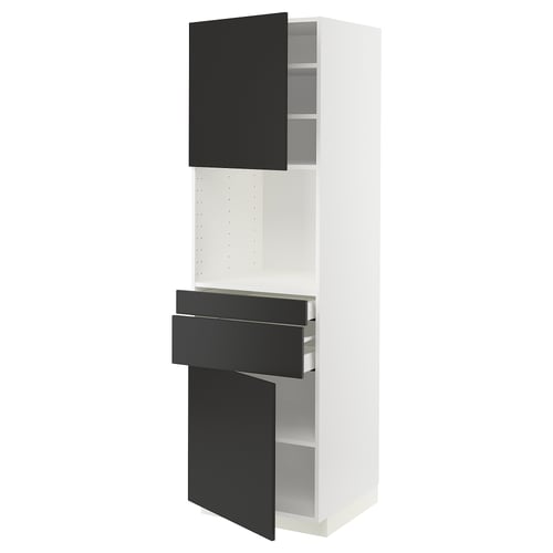 METOD kitchen unit with black nickebo fronts, adjustable shelves, and steel drawers.
