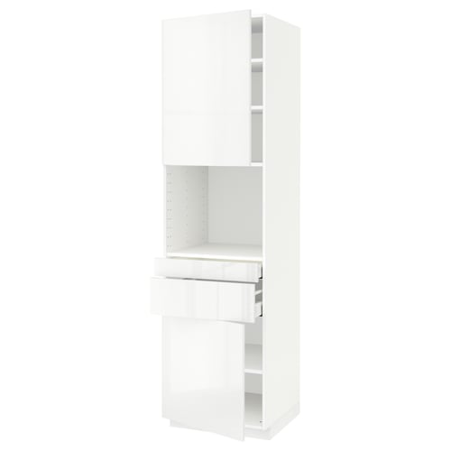 White high gloss METOD kitchen cabinet with drawers and shelves.