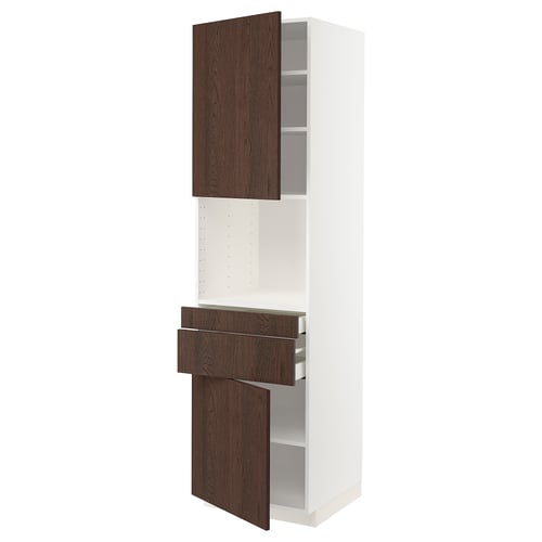 A white and dark brown METOD kitchen cabinet with wooden drawers and doors, featuring a modern design with a tall frame and adjustable shelves.