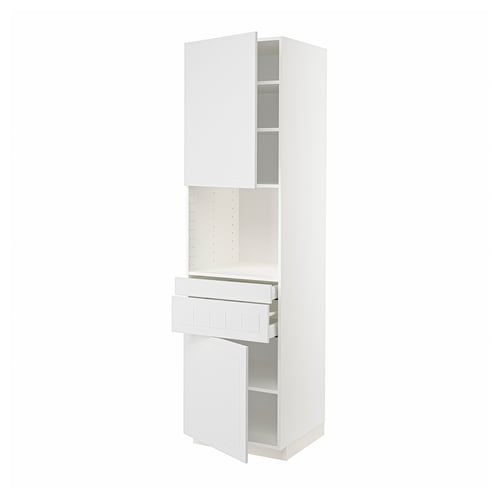 White METOD kitchen unit: sleek design, tall with shelves and drawers, made from durable materials.