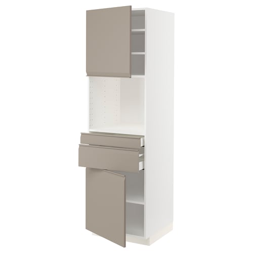 A white METOD kitchen cabinet with beige-grey upplöv doors and drawers featuring integrated handles and a modern design.