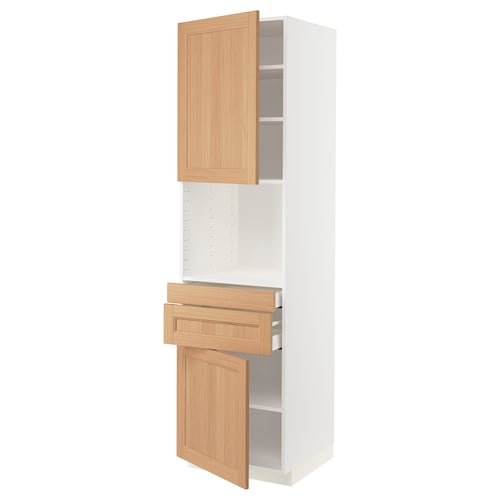 Modern white kitchen cabinet with oak doors, drawers, and open compartments.