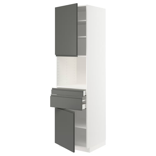 Modern white kitchen cabinet with grey accents, pull-out drawers, and sleek handles.