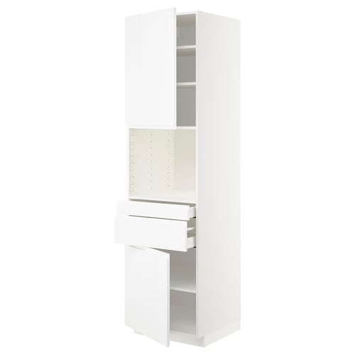 White kitchen cabinet, modern design with high-gloss finish, featuring multiple drawers and shelves, made from particleboard and melamine foil.