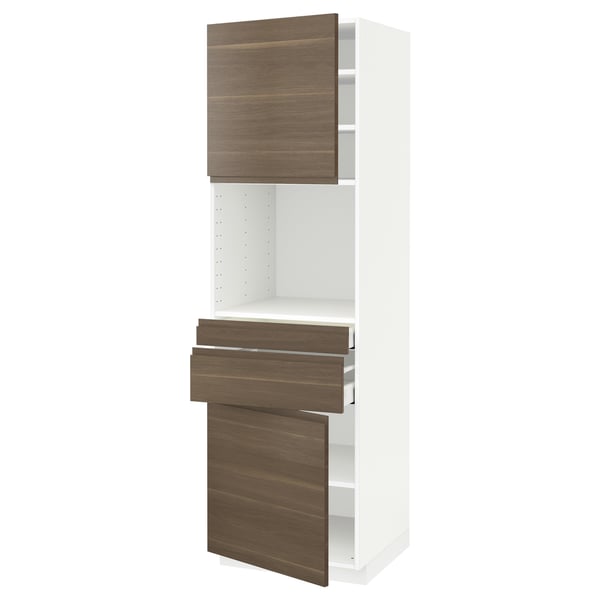 METOD / MAXIMERA Hi cb f micro w 2 drawers/2 doors, white/Voxtorp walnut effect, 60x60x200 cm
