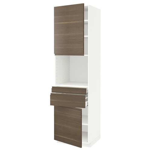 Modern kitchen unit: METOD. White cabinet, dark wood effect drawers and door, sleek handle-less design.