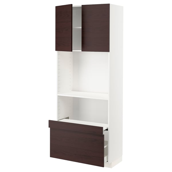 METOD / MAXIMERA Hi cb w pull-out shelf/drawer/2 drs, white Askersund/dark brown ash effect, 80x41x200 cm