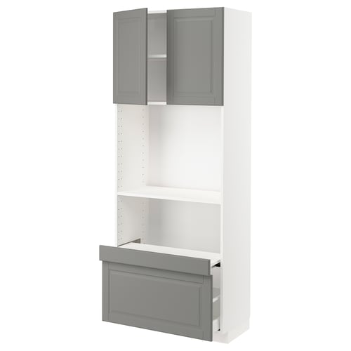 METOD kitchen unit in white and grey with shelves and drawers, modern design.