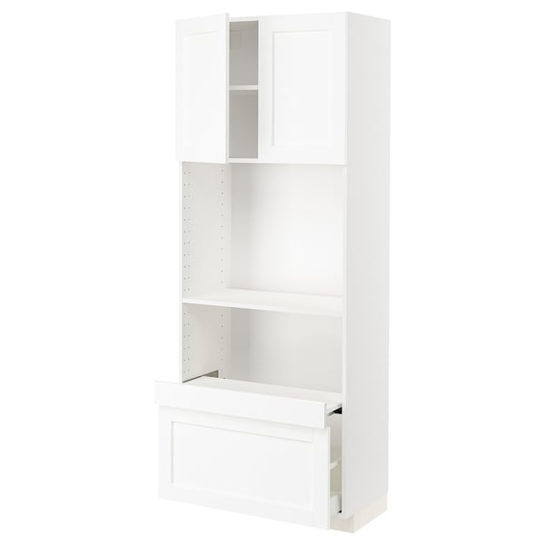 METOD / MAXIMERA Hi cb w pull-out shelf/drawer/2 drs, white Enköping/white wood effect, 80x41x200 cm