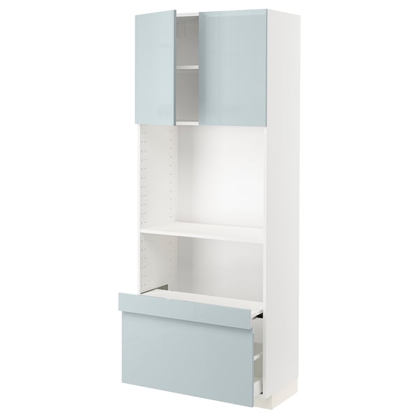 METOD / MAXIMERA Hi cb w pull-out shelf/drawer/2 drs, white/Kallarp light grey-blue, 80x41x200 cm