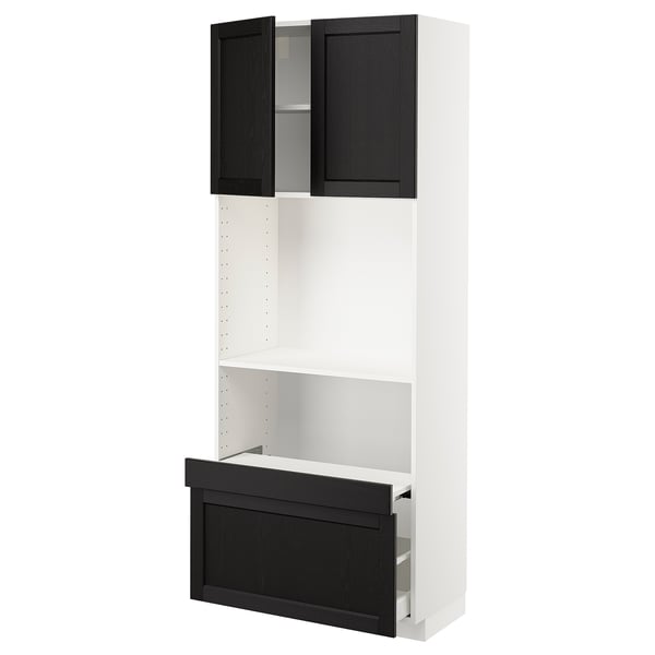 METOD / MAXIMERA Hi cb w pull-out shelf/drawer/2 drs, white/Lerhyttan black stained, 80x41x200 cm