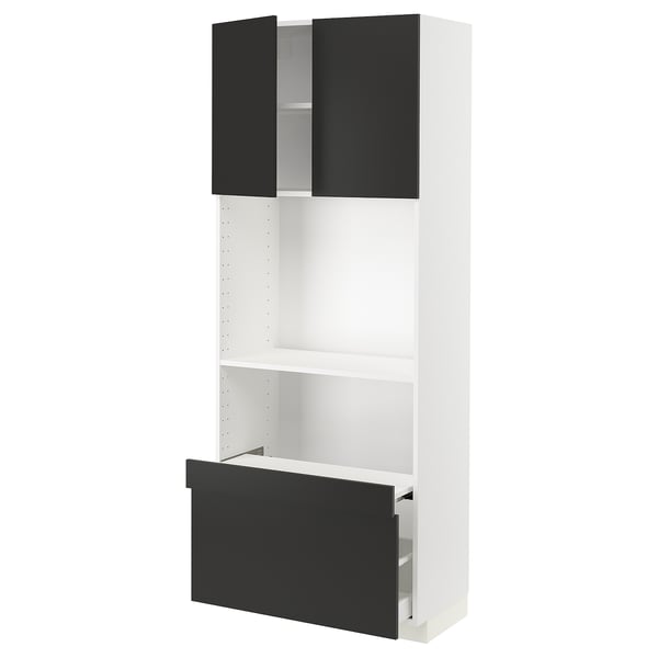 METOD / MAXIMERA Hi cb w pull-out shelf/drawer/2 drs, white/Nickebo matt anthracite, 80x41x200 cm