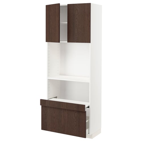 Displays a white METOD kitchen unit with dark brown sinarp doors. It upper and lower cabinets with adjustable shelves and a full-extension drawer.