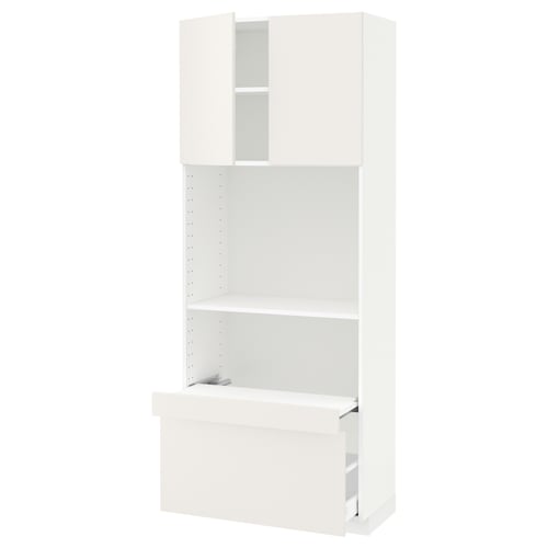 White METOD kitchen unit with open cupboard, pull-out shelf and drawer, modern minimalist design.