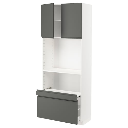 A white METOD kitchen unit with grey voxtorp doors and drawer fronts. It upper and lower cabinet sections with modern, sleek, and minimalist design.