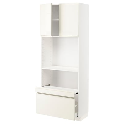 METOD / MAXIMERA Hi cb w pull-out shelf/drawer/2 drs, white/Voxtorp high-gloss light beige, 80x41x200 cm