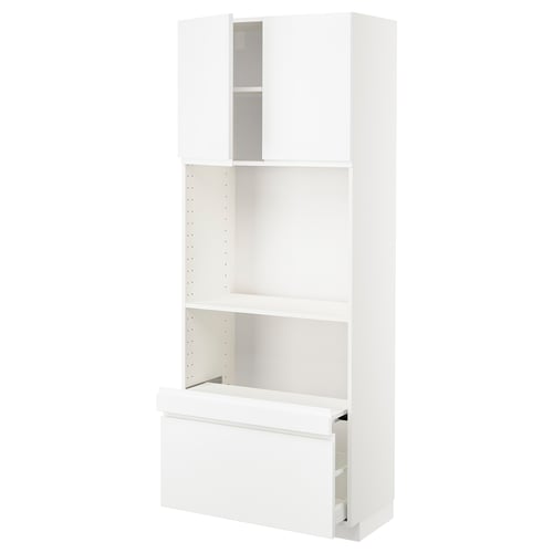 A white METOD kitchen cabinet with a glossy finish, featuring an open shelf and a drawer.