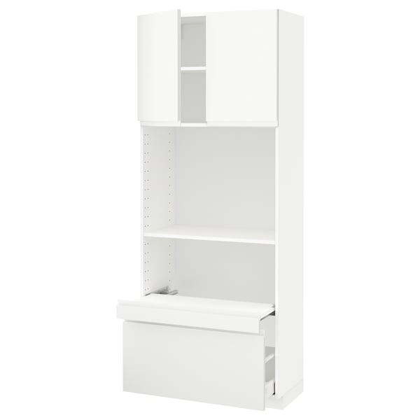 METOD / MAXIMERA Hi cb w pull-out shelf/drawer/2 drs, white/Voxtorp matt white, 80x41x200 cm