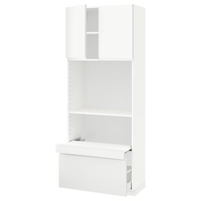 METOD / MAXIMERA Hi cb w pull-out shelf/drawer/2 drs, white/Voxtorp matt white, 80x41x200 cm