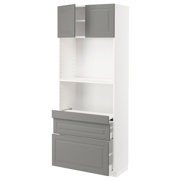 METOD / MAXIMERA Hi cb w pull-out shlf/2 drwrs/2 drs, white/Bodbyn grey, 80x41x200 cm