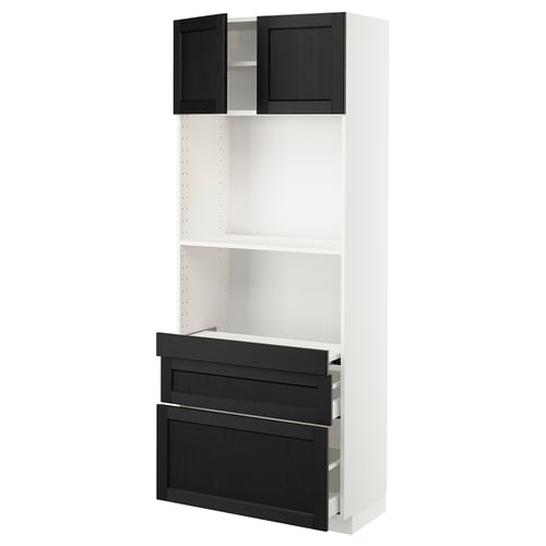 Modern kitchen unit: METOD, white & black, wood, shelves & drawers.