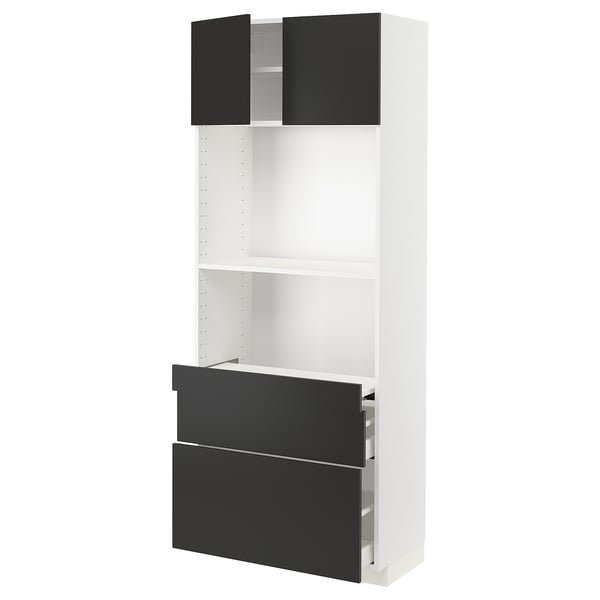 METOD / MAXIMERA Hi cb w pull-out shlf/2 drwrs/2 drs, white/Nickebo matt anthracite, 80x41x200 cm