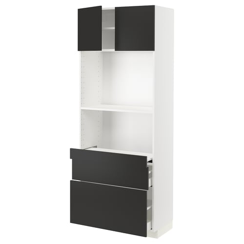 Ikea METOD kitchen unit in white with black drawers and doors; modern, modular design.