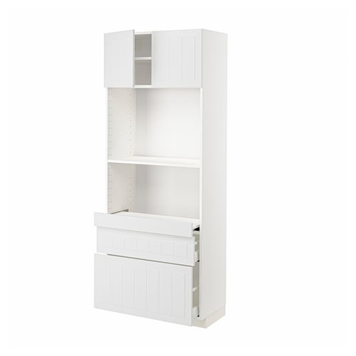 White METOD kitchen unit: tall, sleek, with adjustable shelves, drawers, and opening cabinet.