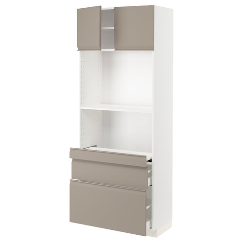 Ikea METOD kitchen unit, tall white cabinet with matte grey-beige handles, three shelves, two drawers. .