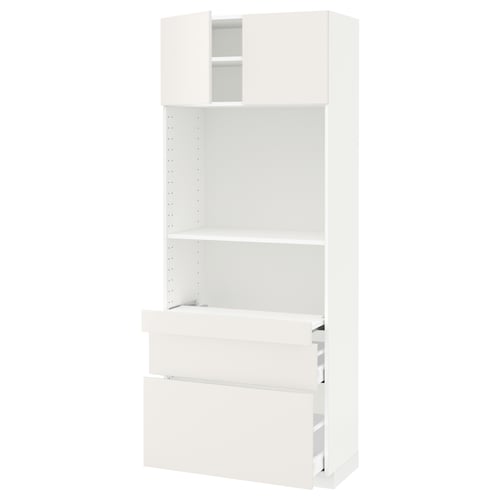 White METOD kitchen unit, modern design with shelves and drawers.