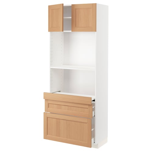 White METOD cabinet with oak doors and drawers, two shelves, modern design.