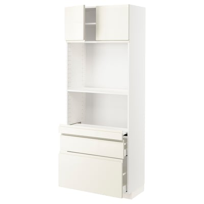 METOD / MAXIMERA Hi cb w pull-out shlf/2 drwrs/2 drs, white/Voxtorp high-gloss light beige, 80x41x200 cm