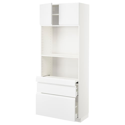 A white METOD kitchen cabinet with high gloss finish and integrated handles. It includes open shelving, drawers, and adjustable shelves for storage.