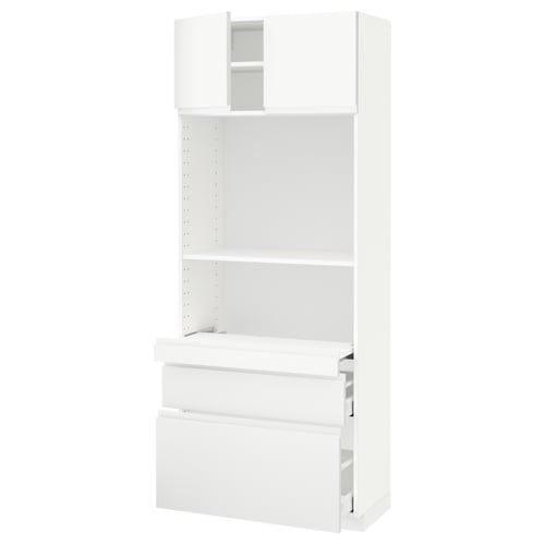 White METOD kitchen unit with shelves, drawers, and cabinet. Modern minimalist design, sturdy, adjustable shelves.