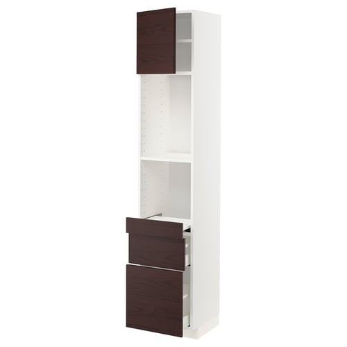 A vertical kitchen cabinet unit, named METOD, with white and dark brown wooden finishes. It has open shelves and pull-out drawers.