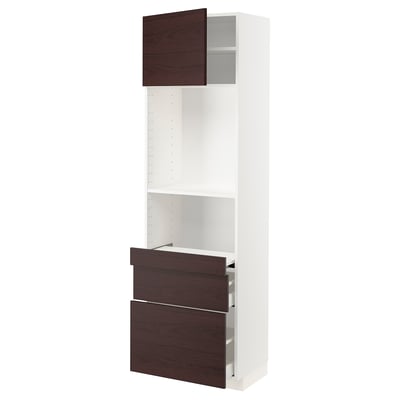 METOD / MAXIMERA Hi cb w pull-out shlf/2 drwrs/door, white Askersund/dark brown ash effect, 60x41x200 cm