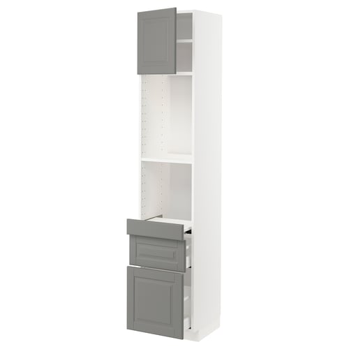 METOD kitchen unit, grey, tall with cabinet, drawers, and shelf, modern design.