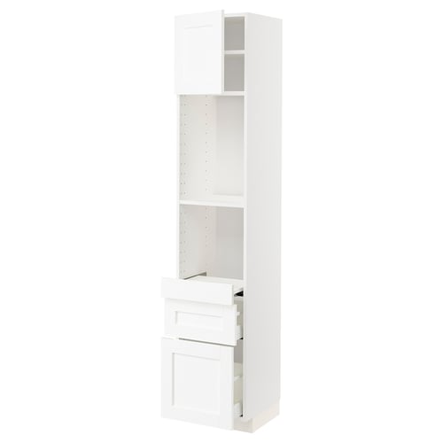 White METOD kitchen cabinet, tall with shelves and drawers, modern design.