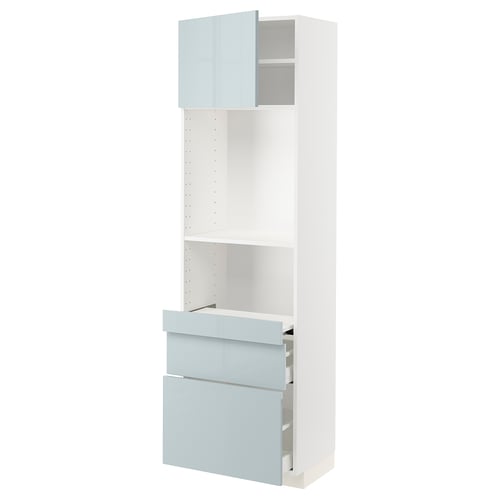 A white and light blue high cabinet from the METOD kitchen system with adjustable shelves and drawers.