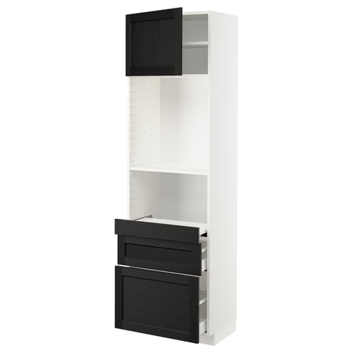 Modern white kitchen cabinet with black drawers and open storage, featuring traditional design and bevelled edges.