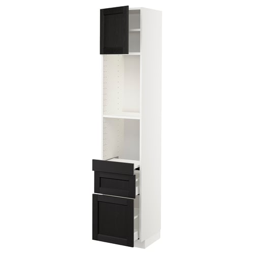 A white METOD kitchen cabinet with black stained wooden doors and drawers featuring a traditional design with bevelled edges.